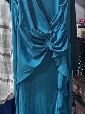 Teal Draped Ruffle Maxi Dress